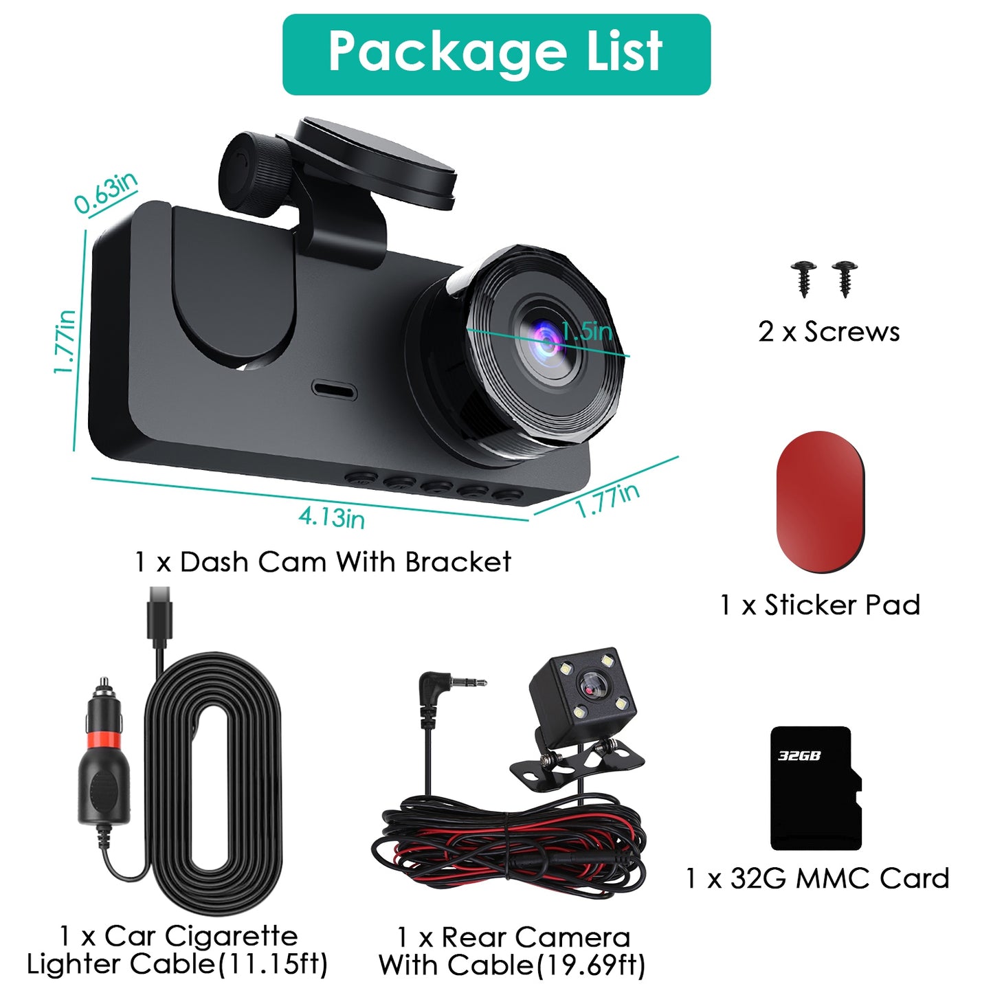 3 Channel Dash Cam 4K Front Inside Rear Camera with 32GB Card