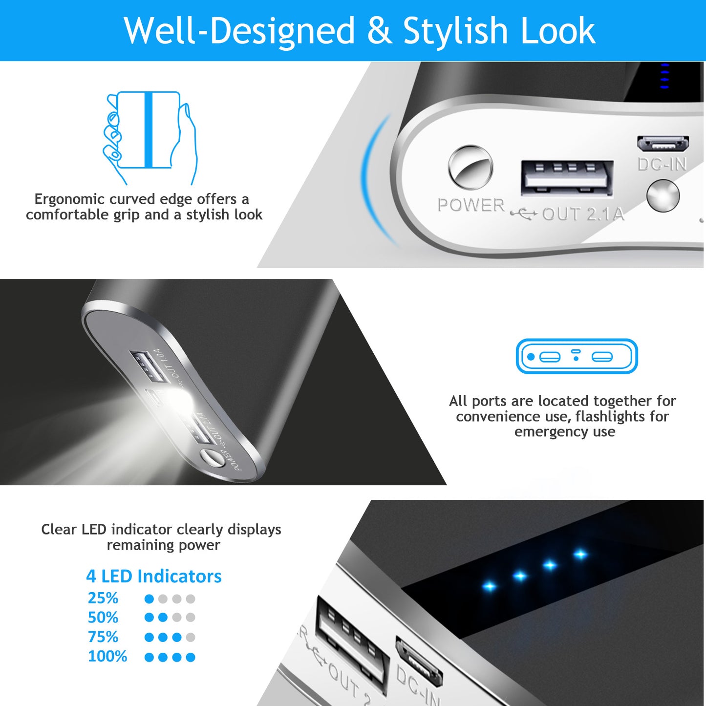 1Pc 12000mAh Portable Charger With Dual USB 3.1A Output Power Bank Ultra-Compact External Battery Pack Fast Charging