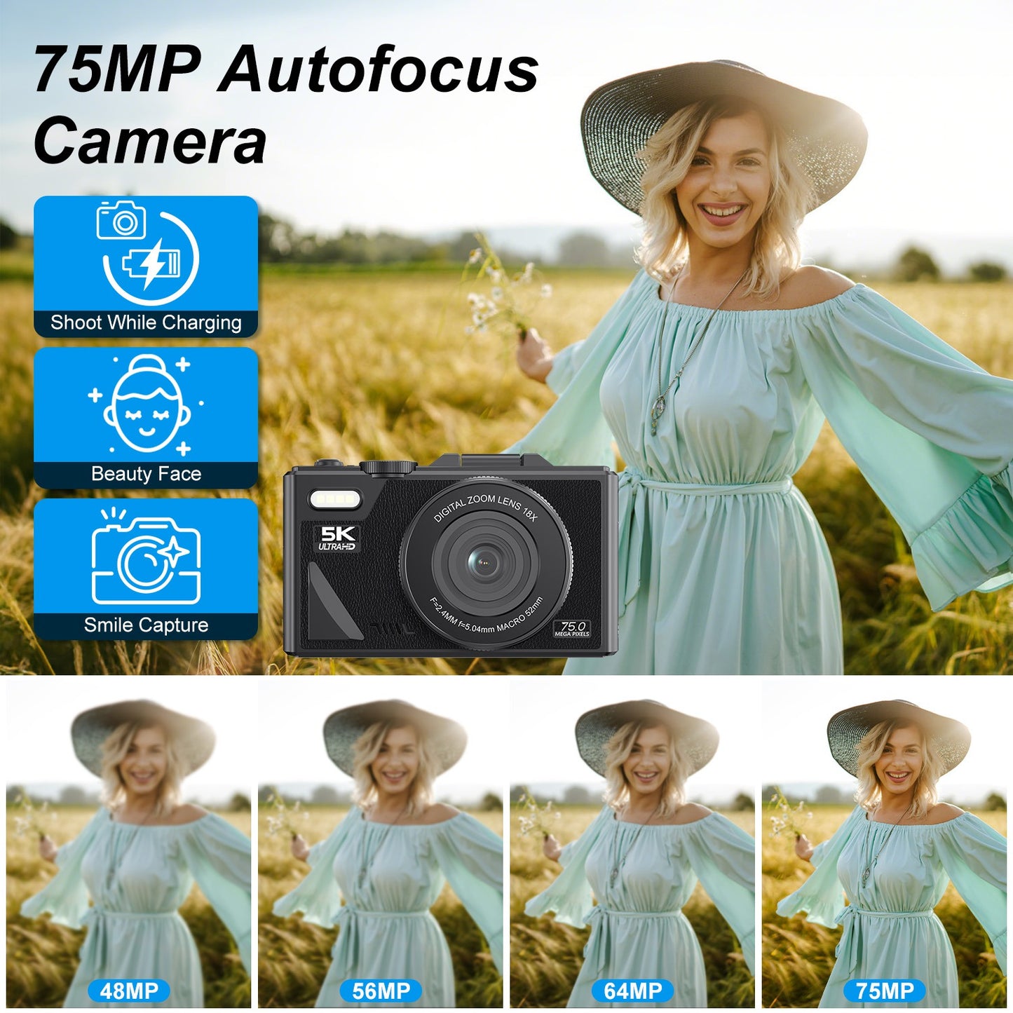 1Pc 5K 75MP Digital Camera For Photography Anti Shake WiFi Vlogging Video Camera With 9 Shooting Modes 18X Zoom Fill Light Webcam Function 2 Batteries 32G MMC Card 180Degree Flip IPS Screen
